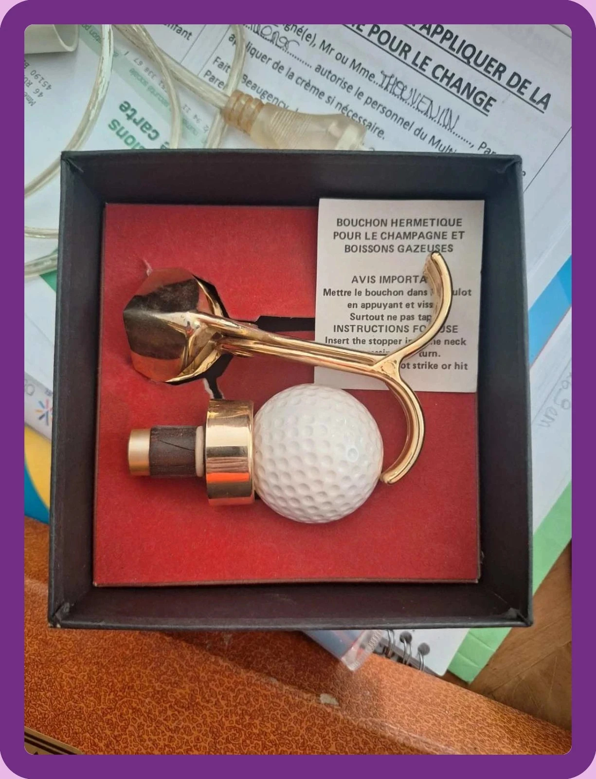 Coffret sommelier vintage : Bouchon champagne balle de golf & Pince dorée